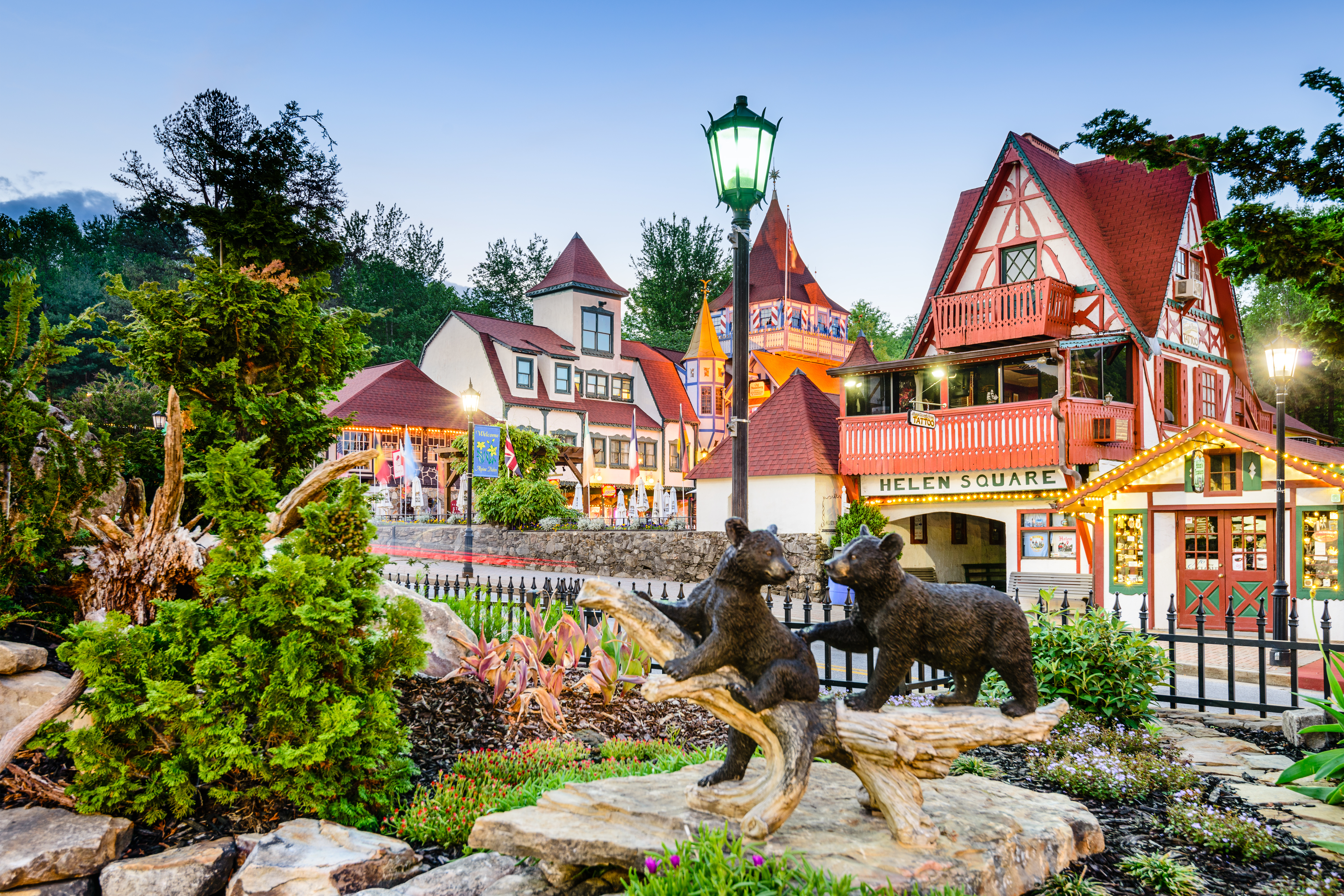 HELEN, GEORGIA - MAY 7, 2013: Helen Square in North Georgia. The architectural theme of the city is inspired by the Bavarian Alps.